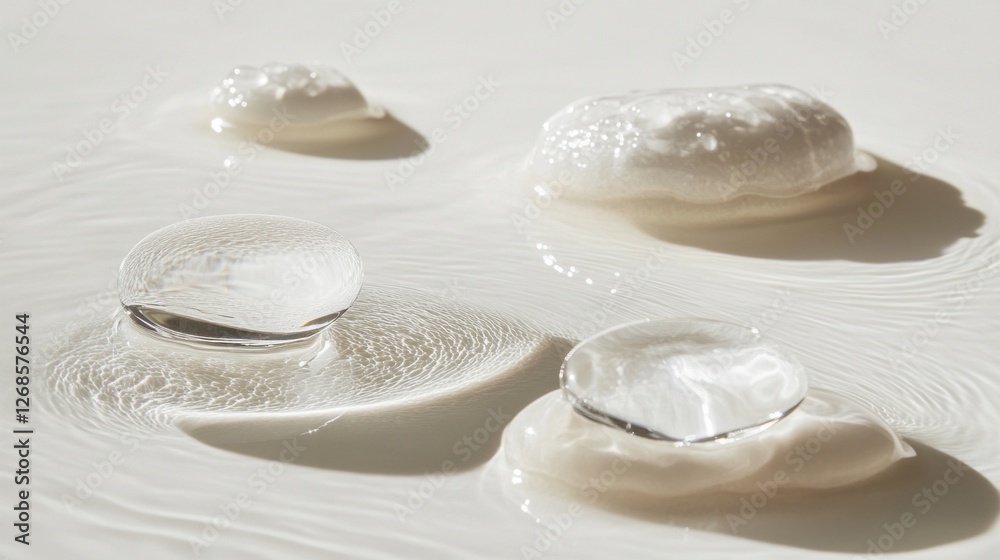 Poster soft morning light illuminates water droplets resting on a sleek surface, each drop reflecting its s