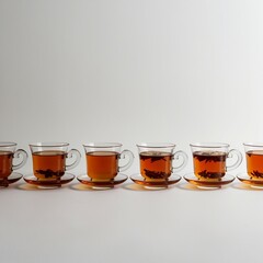 "A row of four traditional Turkish tea glasses filled with deep amber-colored tea, isolated on a white background. Each glass has a unique elegant design, some with curved shapes and some with handles