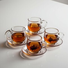 "A row of four traditional Turkish tea glasses filled with deep amber-colored tea, isolated on a white background. Each glass has a unique elegant design, some with curved shapes and some with handles
