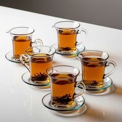 "A row of four traditional Turkish tea glasses filled with deep amber-colored tea, isolated on a white background. Each glass has a unique elegant design, some with curved shapes and some with handles