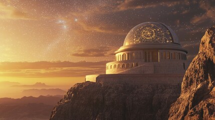 Obraz premium Dramatic Cliffside Observatory Surrounded by Starry Skies at Sunset
