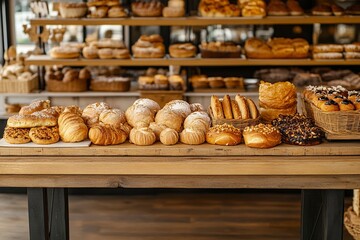 Empty wooden table with blurred background of bakery interior, focused on foreground, providing space for product display or montage of bread and pastries.