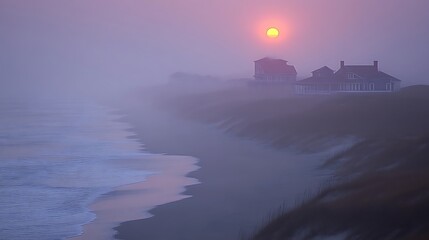 Coastal Houses Enveloped In Misty Sunrise Glow