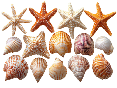 Colorful starfish and seashells arranged on transparency background, showcasing marine beauty