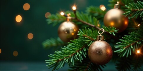 Fototapeta premium Green evergreen branch adorned with fairy lights and glass balls, holiday decor, Christmas decorations,
