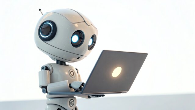 Cute robot using laptop in modern environment.