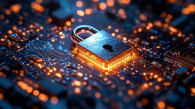 Cybersecurity Padlock Glows Brightly Digital Circuit Board. AI Generated