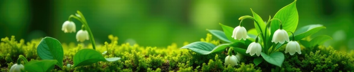 Green leaves and delicate white Lilie of the Valley flowers on a bed of moss, foliage, wildflower, garden