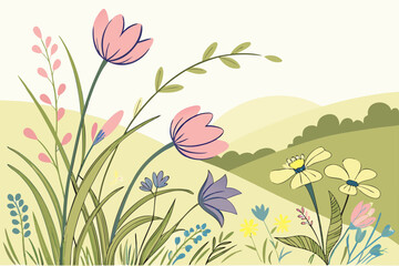Wildflowers in vibrant colors with scattered green grass for a fresh spring vibe.