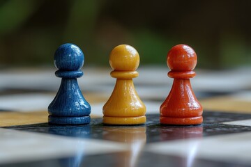 Close up of a chess board featuring pawns in a strategic game of chess with blurred background