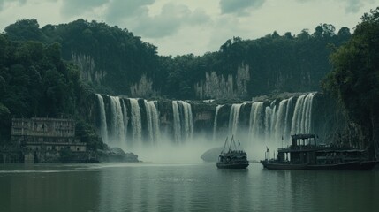Majestic Waterfall Scene Boats Ancient Building