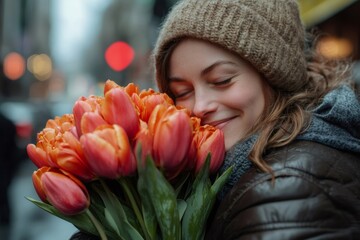Fototapeta premium Young woman smelling a bouquet of orange tulips in the city