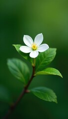 Fototapeta premium Green leaves and single white petals forming a delicate balance on a twig, blossoms, nature, garden