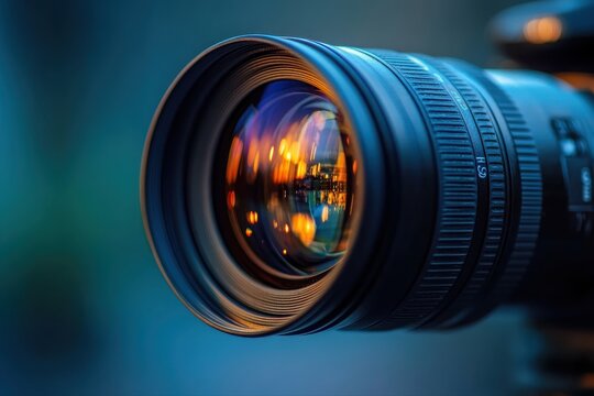 Camera lens with blur effect showcasing photography project management and communication concepts