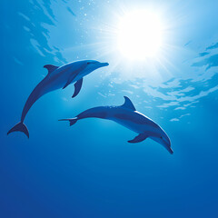 Fototapeta premium Two Dolphins Leap Gracefully Under Bright Sunlight in Blue Ocean