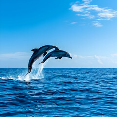 Obraz premium Two Dolphins Leaping in Blue Ocean Under Sunny Sky