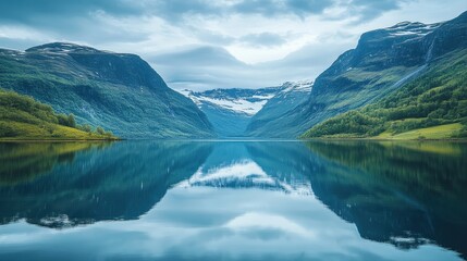 Serene lake surrounded by mountains and a mountain range under a clear blue sky