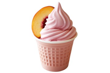 Ice cream with peach slice, white isolate background
