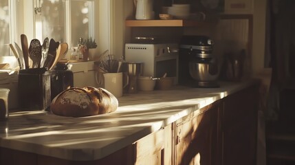 Freshly baked bread on a sunlit kitchen countertop with wooden accents.