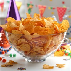 Colorful Bowl of Crispy Tortilla Chips Surrounded by Festive Party Decorations and Colorful Confetti in a Celebration Scene