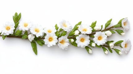 Overhead shot captures the graceful arrangement of white flowers with yellow centers and green leaves, creating a delicate decorative border against