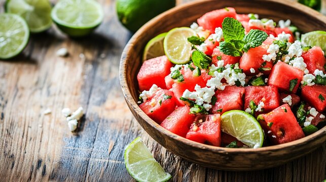 A farmhouse-style wooden table with a large rustic bowl of watermelon and mint salad, featuring fresh lime wedges and crumbled feta cheese