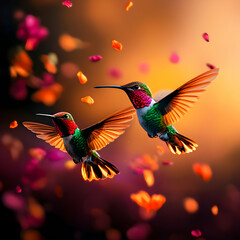 Obraz premium Two Hummingbirds in Flight Amidst Falling Petals at Sunset