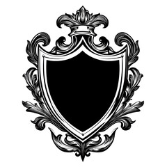 Ornamental black shield design, white isolated background