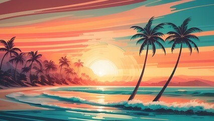 Fototapeta premium the sunset is rising on the water with palm trees in the foreground, and people walking