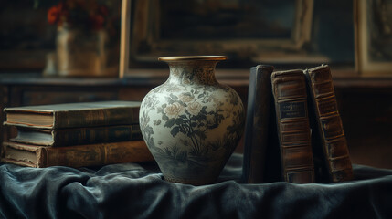 Antique vase displayed with vintage books on elegant fabric, nostalgia
