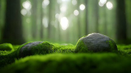 Two Mossy Rocks in a Sunlit Forest