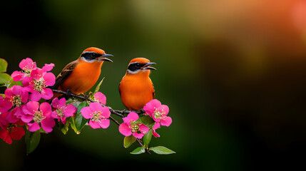 Two Orange Birds Singing on a Pink Blossom Branch