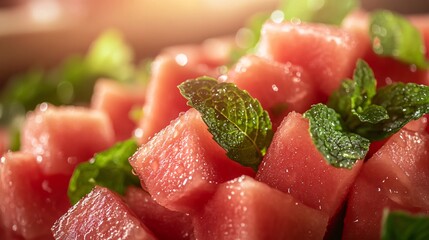 A hyper-realistic close-up of watermelon and mint salad, with dewdrops glistening on the fresh mint leaves and cubes of melon, against a softly blurred background