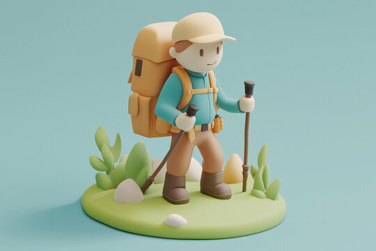 A pastel 3D cartoon hiker with a backpack and trekking poles. Whimsical outdoor character featuring soft shapes, adventurous spirit, and a playful exploration scene.
