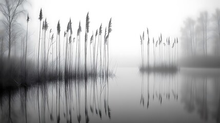 Monochromatic Reeds Reflecting in Misty Water