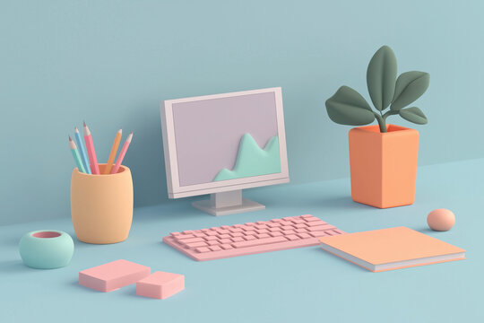 3D pastel home office desk with computer, books, and stationery arranged in a neat setup.
A charming workspace diorama styled in soft pink and yellow tones.
