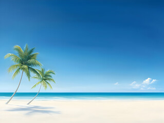 Obraz premium Two Palm Trees on a White Sandy Beach Under a Vivid Blue Sky