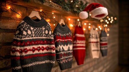 Obraz premium Festive Christmas sweaters and Santa hat on rustic shelf.