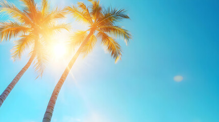 Two Palm Trees Under Bright Sunlight Against a Vivid Blue Sky