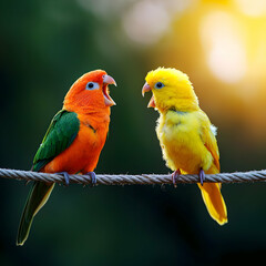 Fototapeta premium Two Parrots Perched on a Rope at Sunset