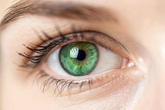  An extreme close-up of a green eye with a toric contact lens, typically used to correct astigmatism.