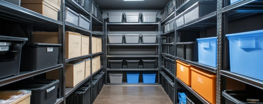 Organized storage room with shelves, boxes, and bins