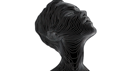Woman face contour lines drawing looking up with transparent background
