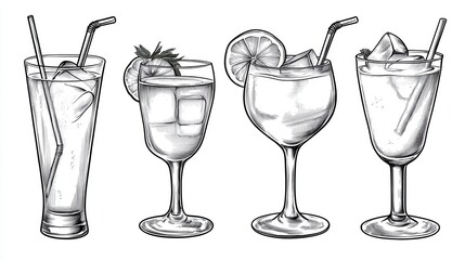 Line drawing illustration of four different cocktails in various glasses with straws and garnishes. Monochrome style