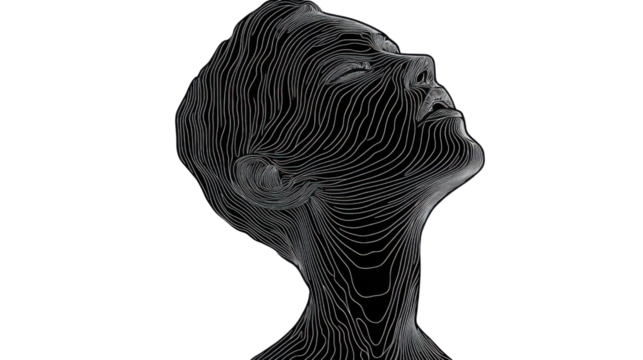 Woman face contour lines drawing looking up with transparent background