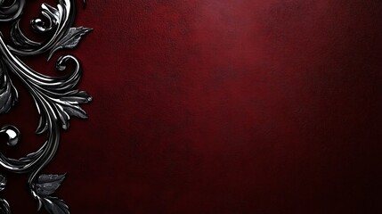 Ornate silver filigree design on a deep red background