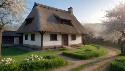 Fototapeta premium Illustration of a house with a thatched roof