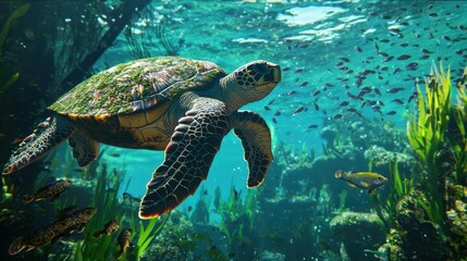 Obraz premium A sea turtle glides through crystal-clear waters, surrounded by colorful fish and lush aquatic plants. The tranquil underwater environment showcases the beauty of marine life in a tropical setting