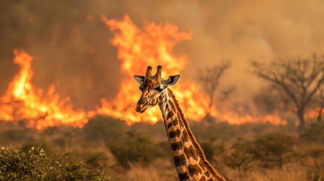 A giraffe gazes into the distance as flames consume the grasslands of an African savanna during sunset, showcasing the clash between wildlife and environmental threats