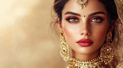 Pretty woman of Indian appearance makeup luxury charm beige background with copy space